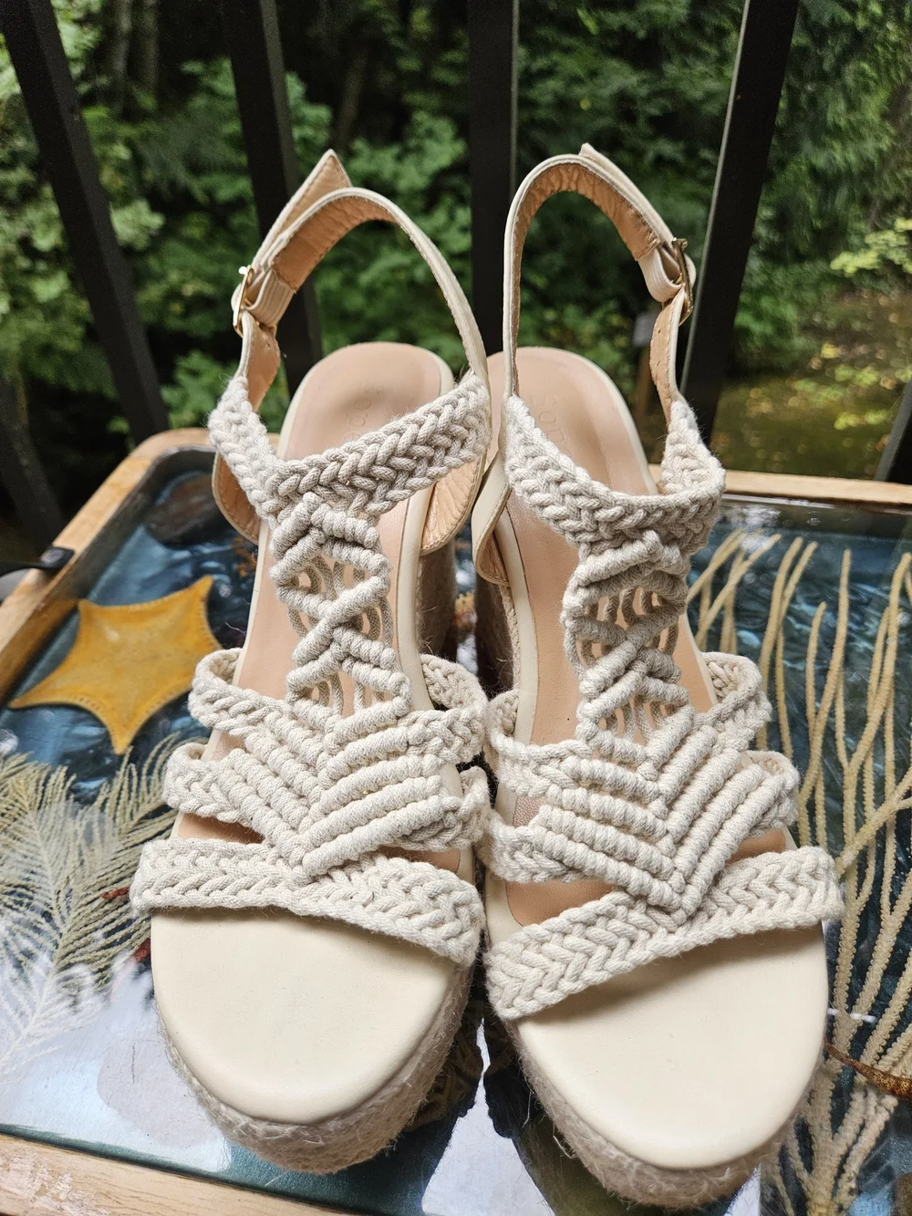 Womens Cream Braided Espadrille Wedge Sandals - Neutral